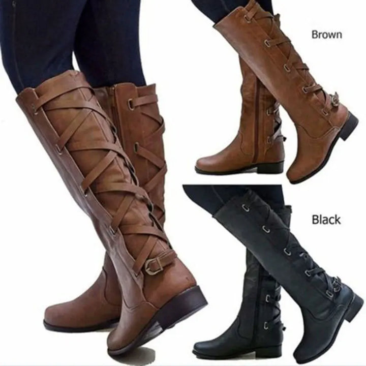 Isolde | Damen Kniehohe Stiefel mit Schnallen - Camel - Image 4