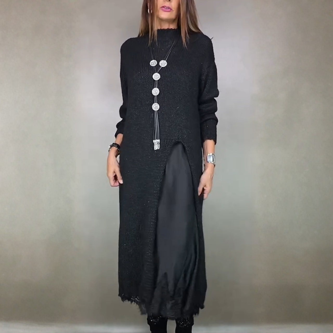 Ivana | Damen Langes Strickkleid mit Unterkleid - Black - Image 1