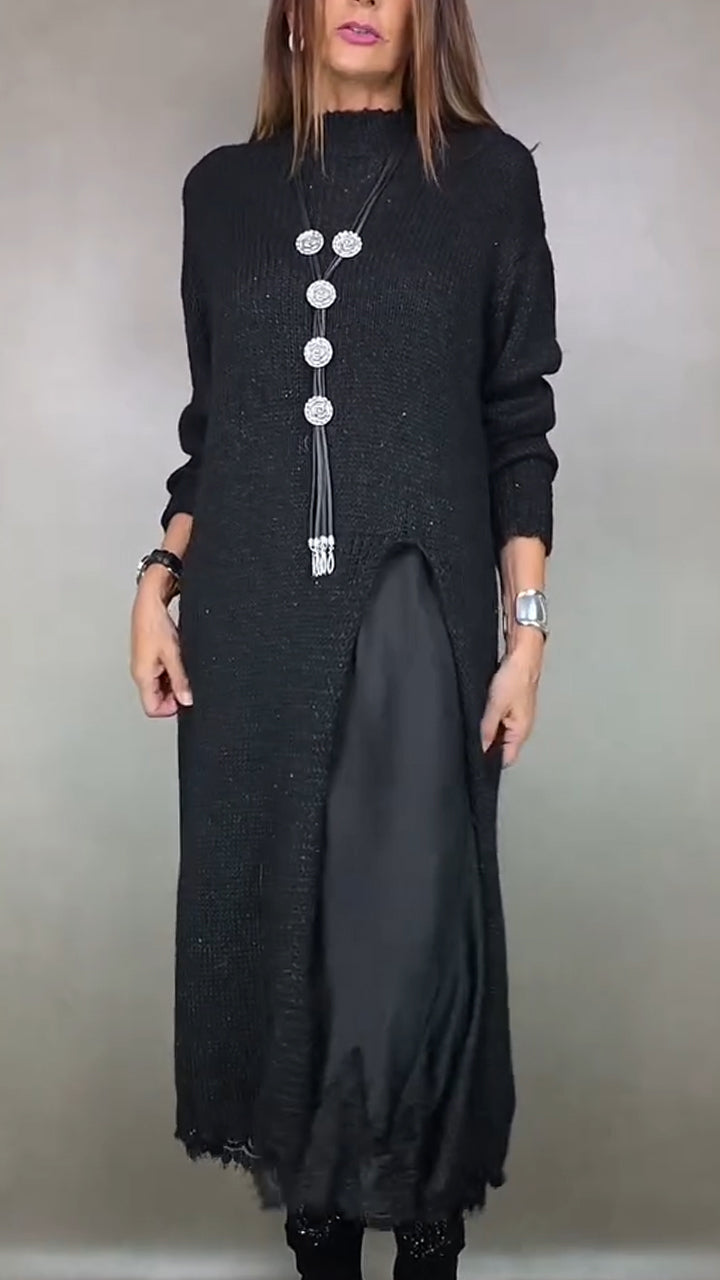 Ivana | Damen Langes Strickkleid mit Unterkleid - Black - Image 2