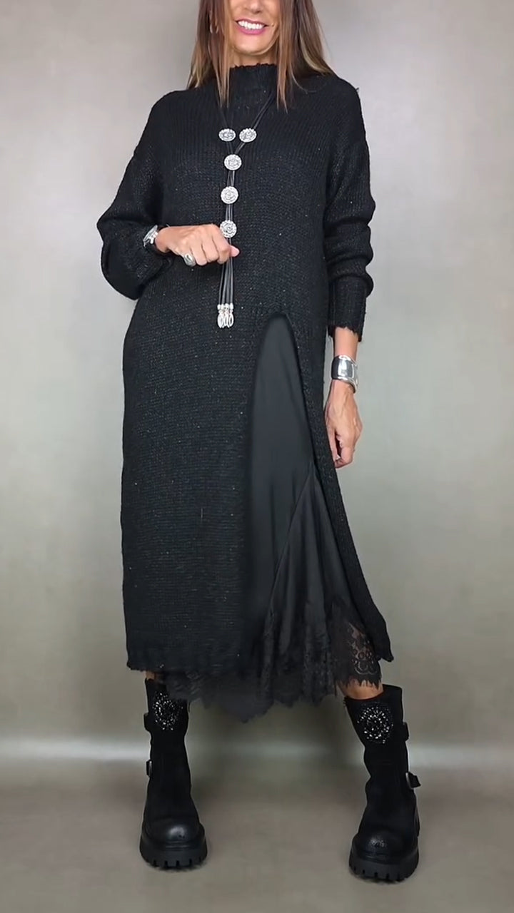 Ivana | Damen Langes Strickkleid mit Unterkleid - Black - Image 3