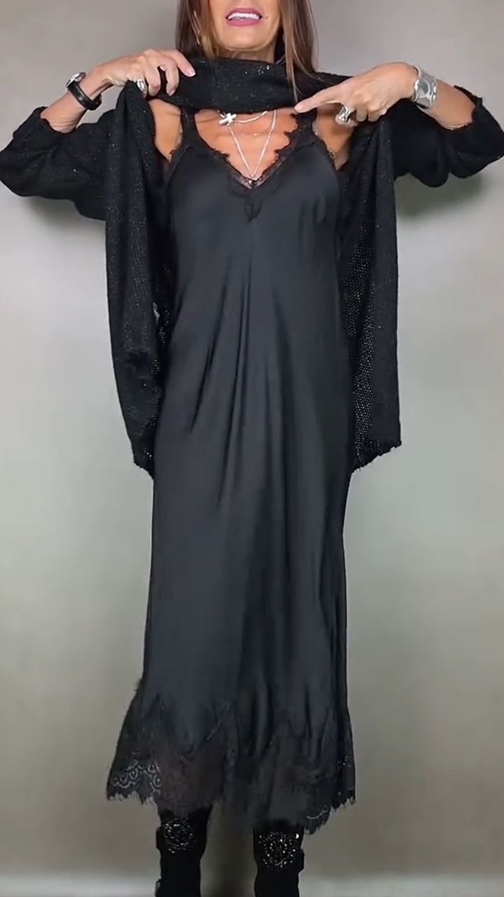 Ivana | Damen Langes Strickkleid mit Unterkleid - Black - Image 4