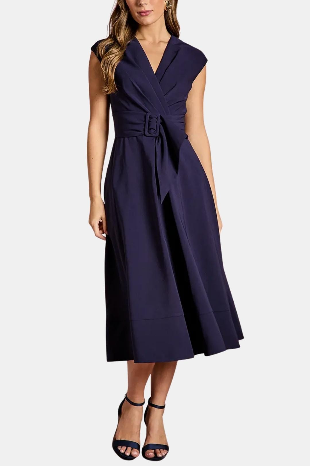 Joelle | Damen Midikleid V-Ausschnitt mit Gürtel - Navy - Image 1