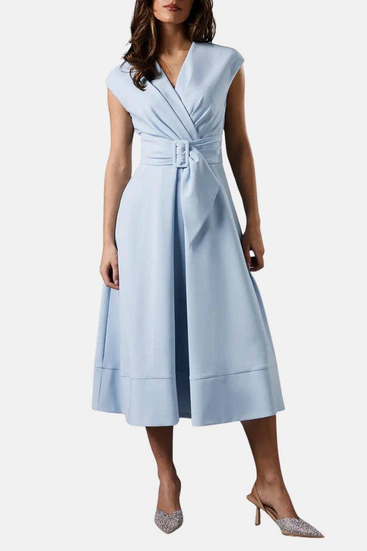 Joelle | Damen Midikleid V-Ausschnitt mit Gürtel - Navy - Image 18