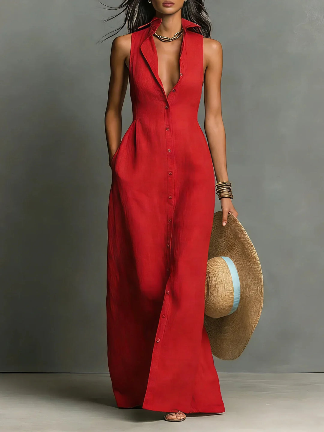 Johanna | Damen Ärmelloses Hemdblusenkleid Maxikleid - Red - Image 1