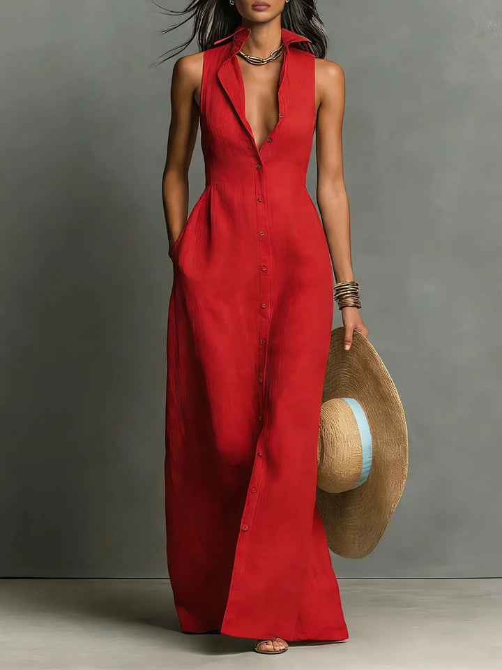Johanna | Damen Ärmelloses Hemdblusenkleid Maxikleid - Red - Image 1