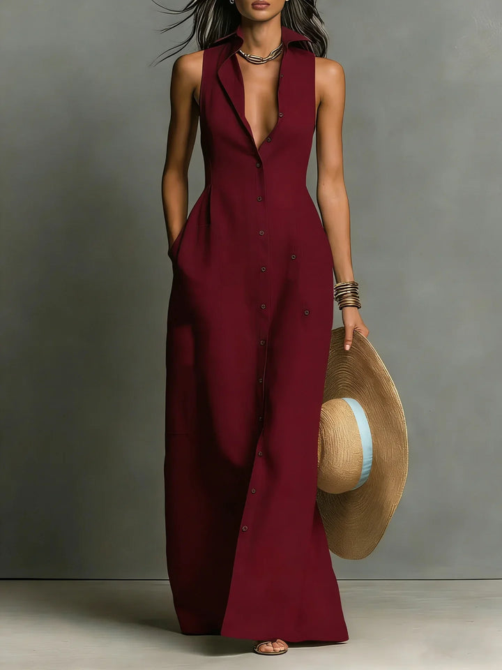 Johanna | Damen Ärmelloses Hemdblusenkleid Maxikleid