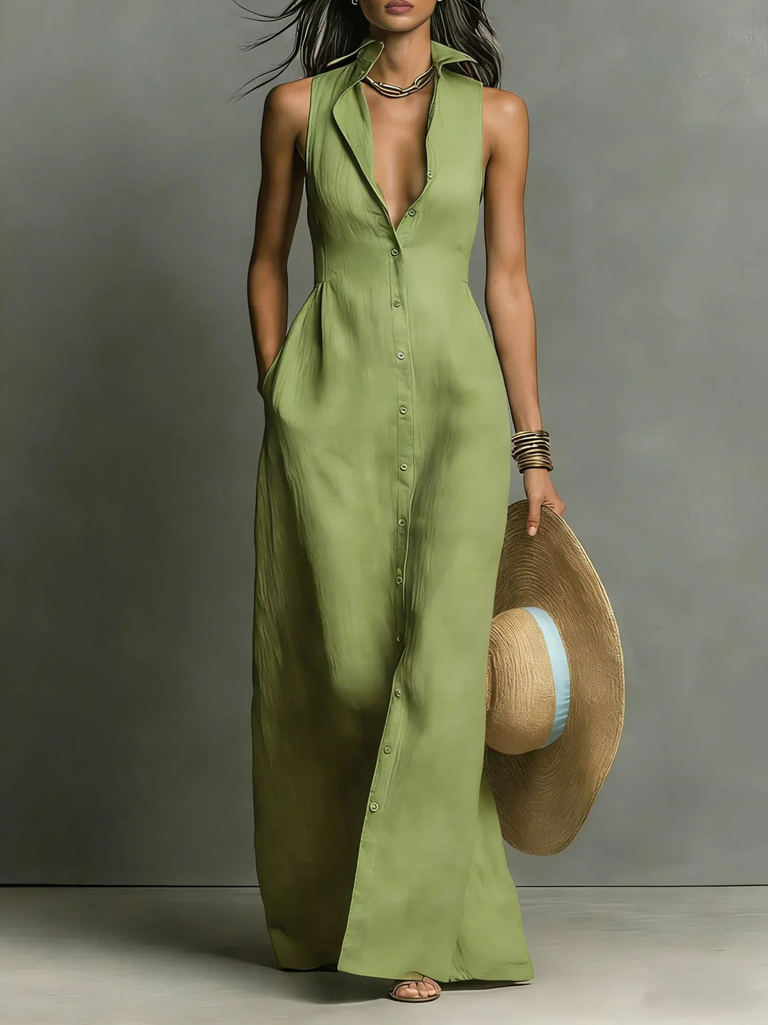 Johanna | Damen Ärmelloses Hemdblusenkleid Maxikleid