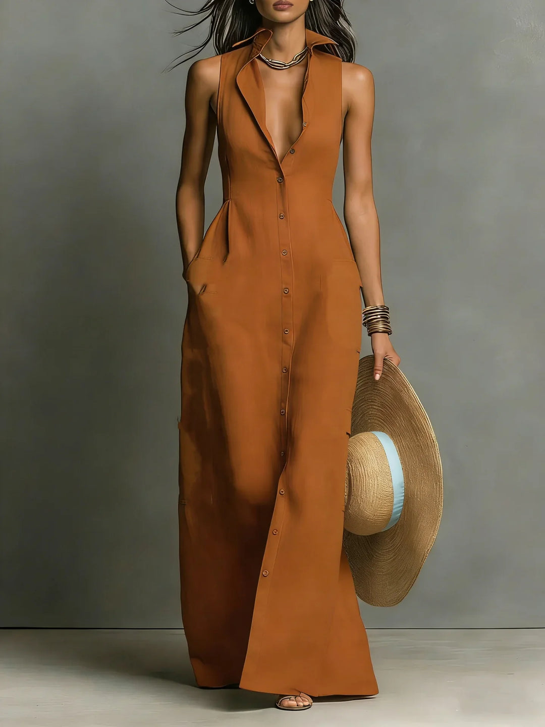 Johanna | Damen Ärmelloses Hemdblusenkleid Maxikleid