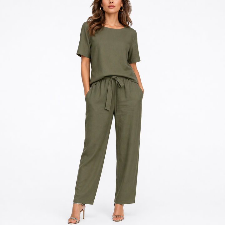 Josefina | Damen Zweiteiler Set mit Kurzarm Top - Khaki - Image 1