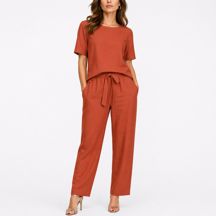 Josefina | Damen Zweiteiler Set mit Kurzarm Top - Khaki - Image 3