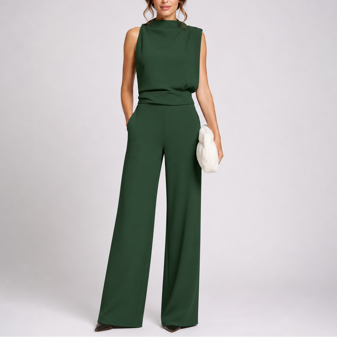Josefine | Damen Ärmellos Mock Neck Weites Bein Jumpsuit - Dark Green - Image 1
