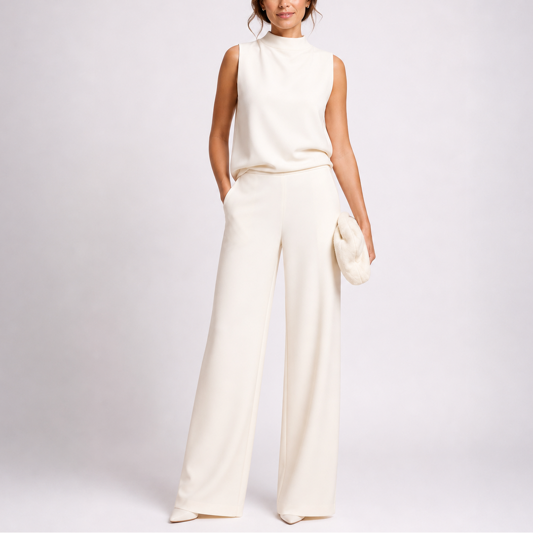 Josefine | Damen Ärmellos Mock Neck Weites Bein Jumpsuit - Dark Green - Image 2