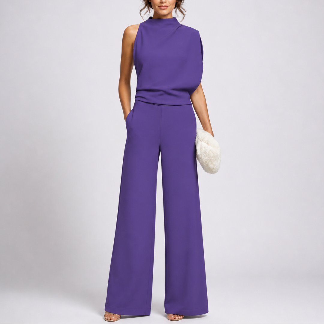 Josefine | Damen Ärmellos Mock Neck Weites Bein Jumpsuit - Dark Green - Image 3