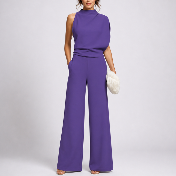 Josefine | Damen Ärmellos Mock Neck Weites Bein Jumpsuit - Dark Green - Image 3