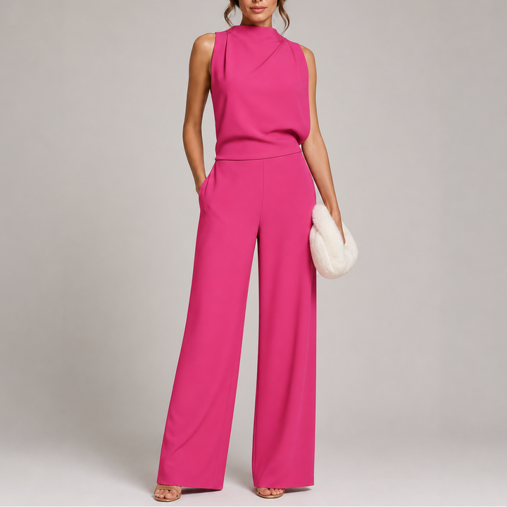 Josefine | Damen Ärmellos Mock Neck Weites Bein Jumpsuit - Dark Green - Image 4