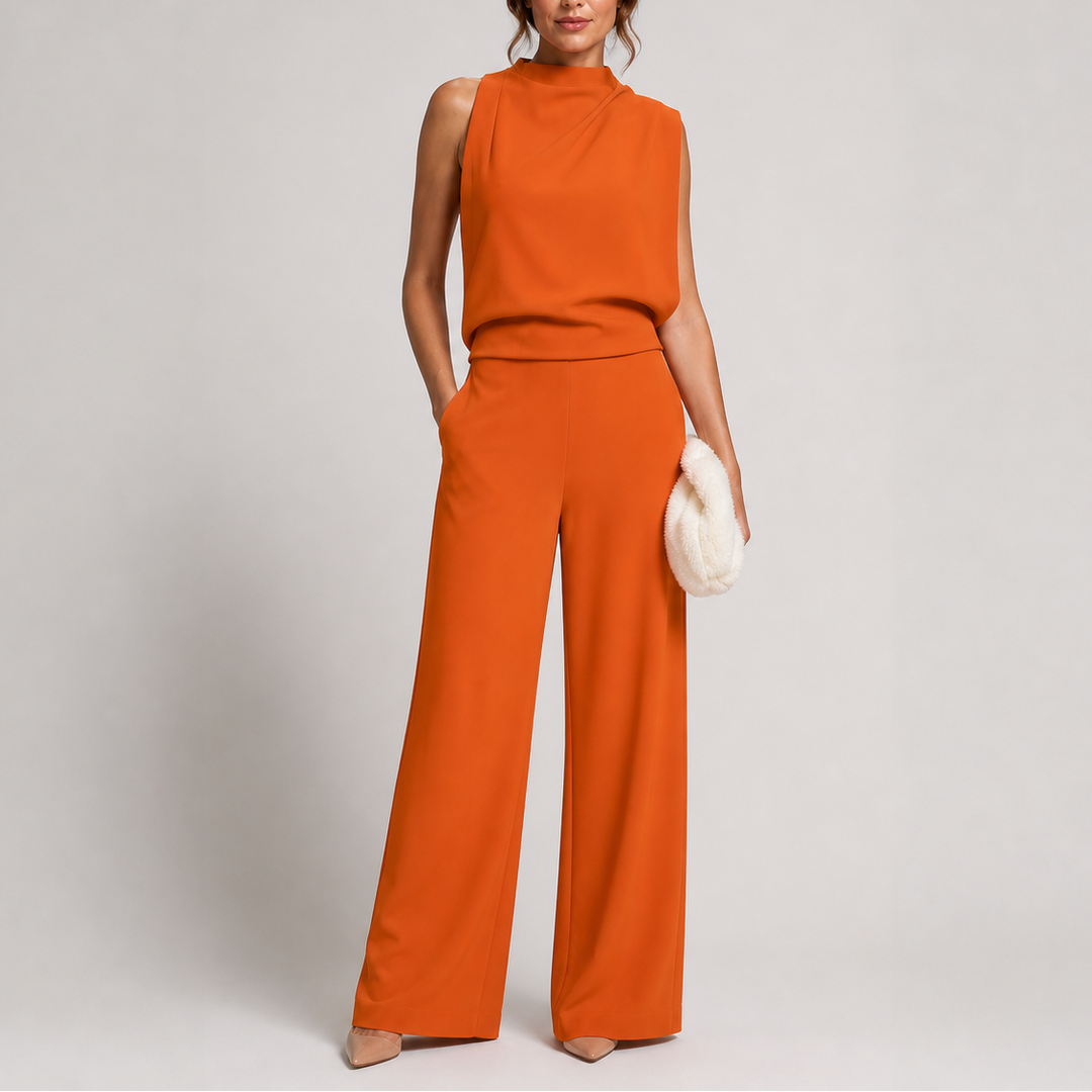 Josefine | Damen Ärmellos Mock Neck Weites Bein Jumpsuit - Dark Green - Image 5
