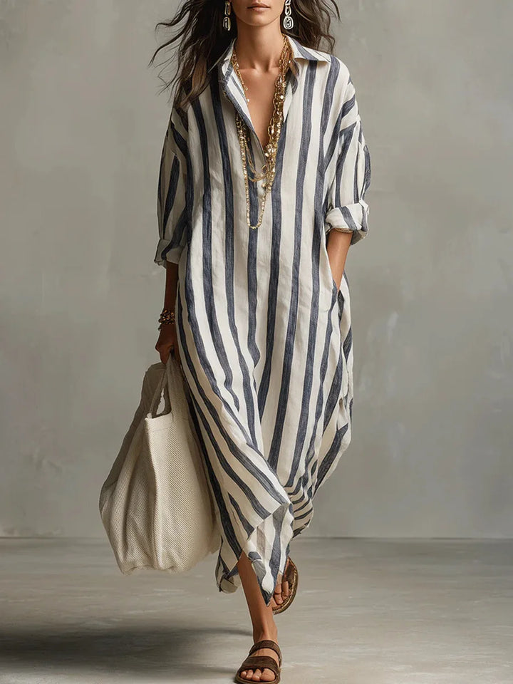 Josephine | Damen Gestreift Langes Hemdblusenkleid - Striped - Image 1