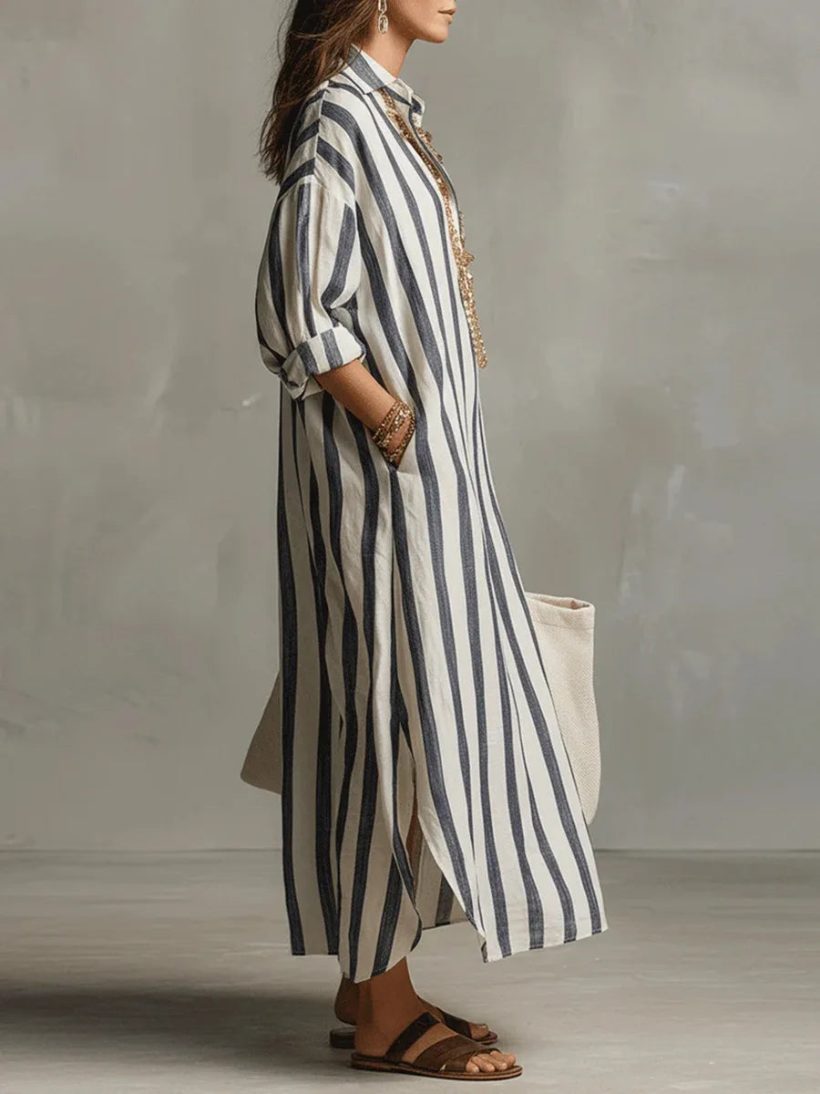 Josephine | Damen Gestreift Langes Hemdblusenkleid - Striped - Image 2
