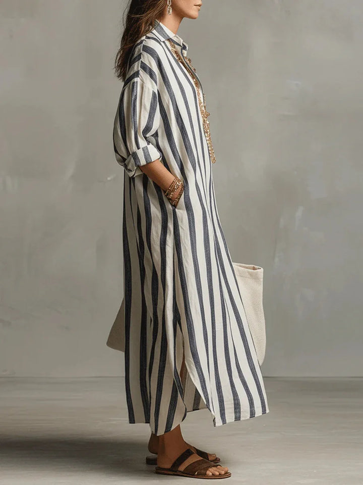 Josephine | Damen Gestreift Langes Hemdblusenkleid - Striped - Image 2