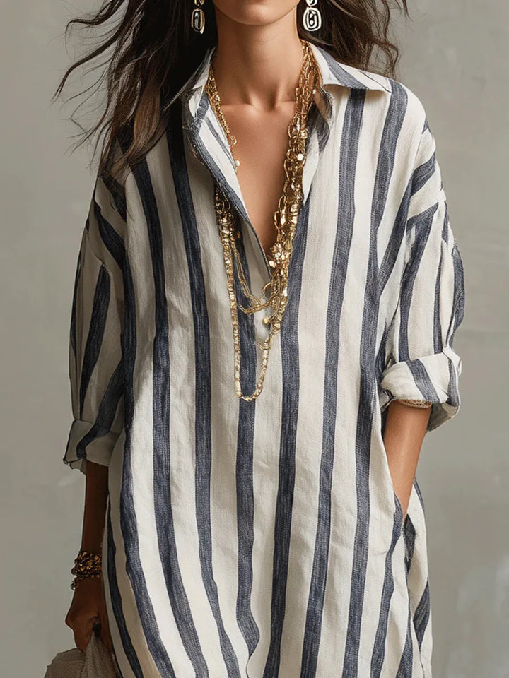 Josephine | Damen Gestreift Langes Hemdblusenkleid - Striped - Image 3