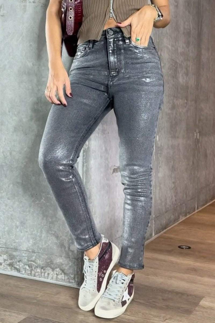 Zolly | Damen Skinny Jeans Metallic Silber Glanz Stretch