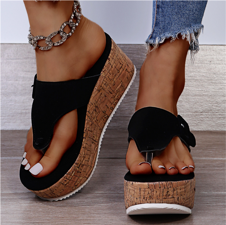Corgie | Damen Keilsandalen Zehentrenner Kork-Optik Schnalle Sommerschuhe