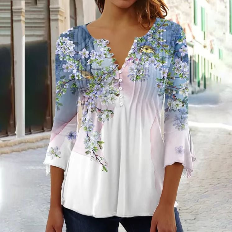 Karoline | Damen Bluse Blumendruck 3/4-Arm V-Ausschnitt - Floral - Image 7