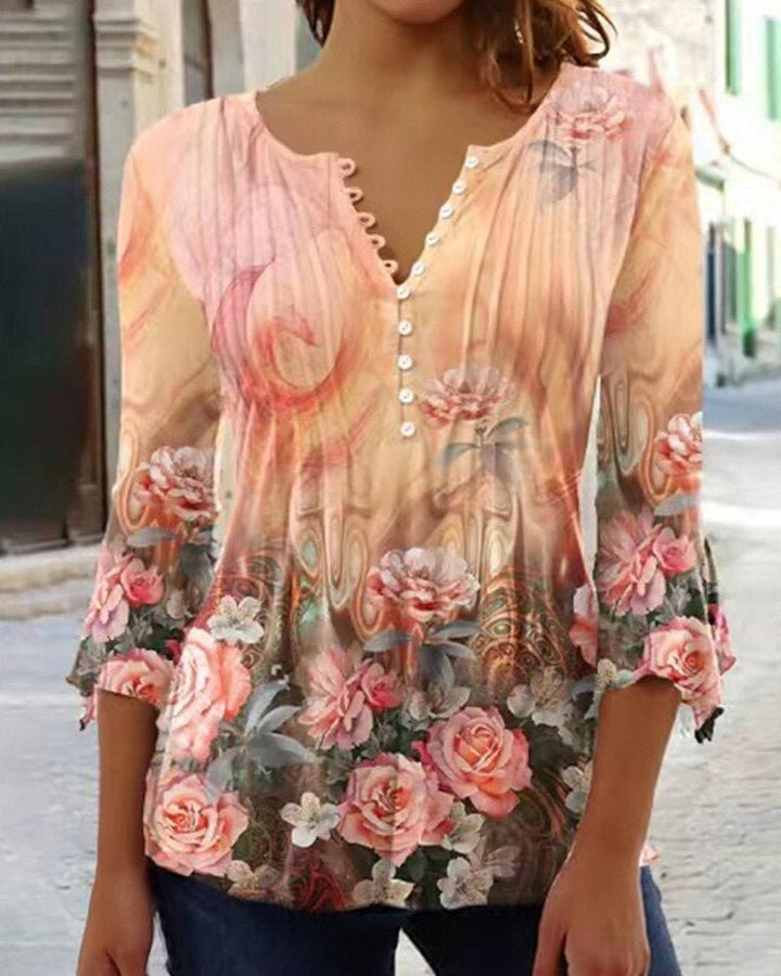Karoline | Damen Bluse Blumendruck 3/4-Arm V-Ausschnitt - Floral - Image 8
