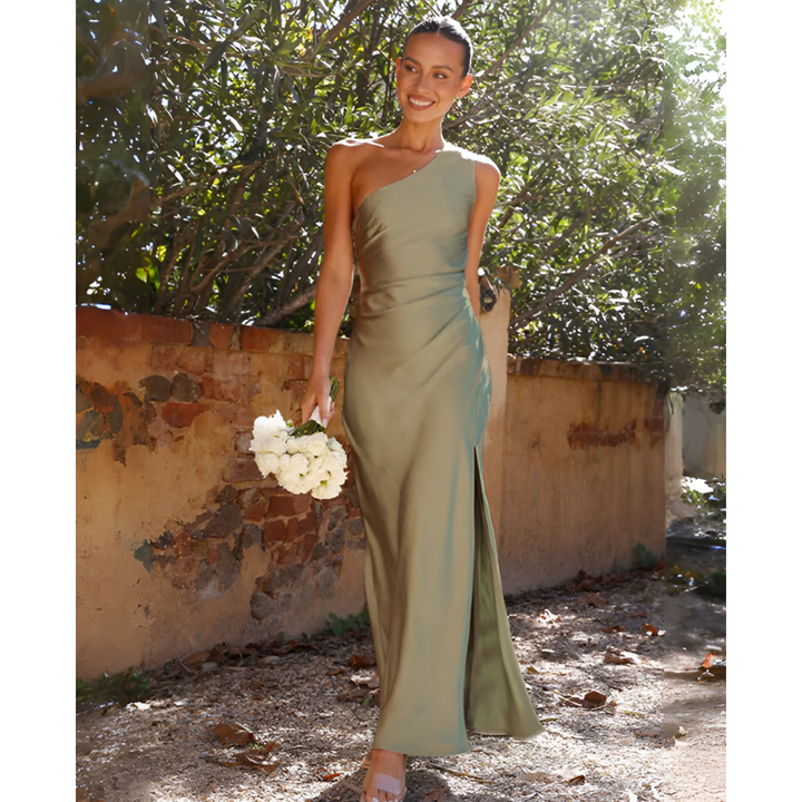 Kassandra | Damen One-Shoulder Asymmetrisches Maxikleid - Khaki - Image 1