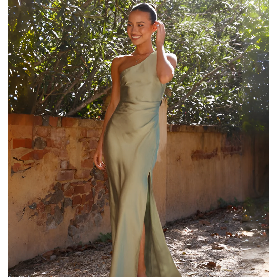 Kassandra | Damen One-Shoulder Asymmetrisches Maxikleid - Khaki - Image 2