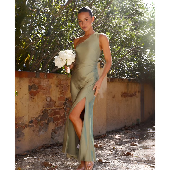 Kassandra | Damen One-Shoulder Asymmetrisches Maxikleid - Khaki - Image 4