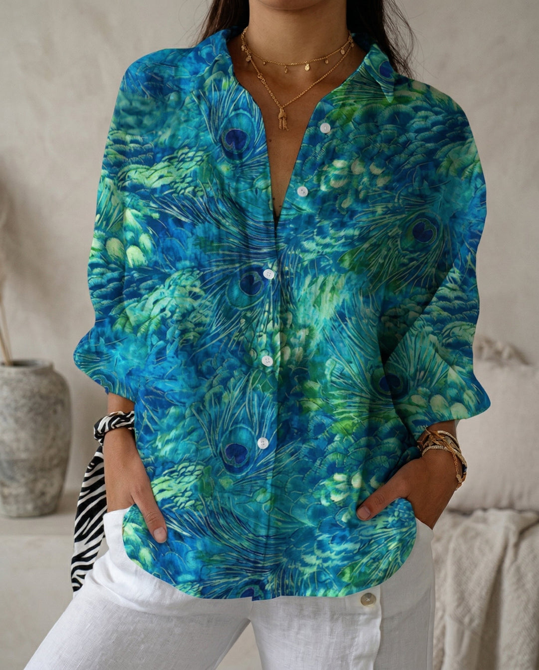 Katrin | Damen Bluse mit tropischem Print - Teal - Image 1
