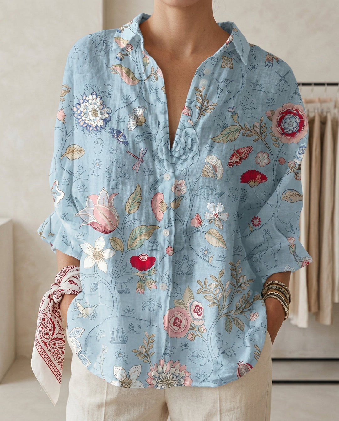Katrin | Damen Bluse mit tropischem Print - Teal - Image 6