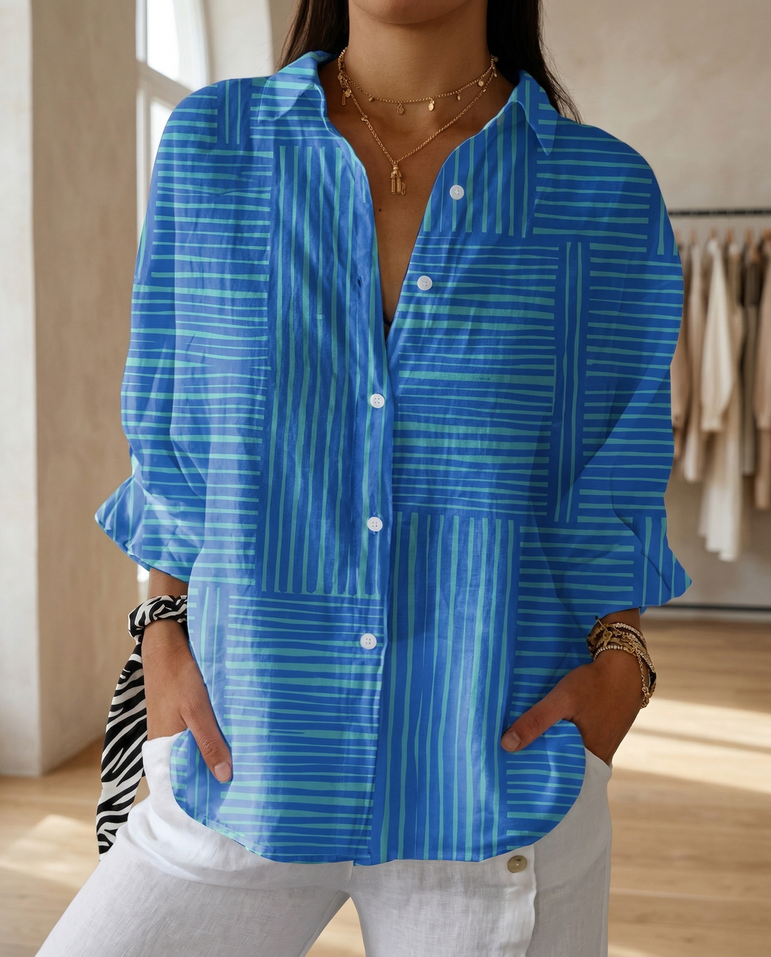 Katrin | Damen Bluse mit tropischem Print - Teal - Image 7