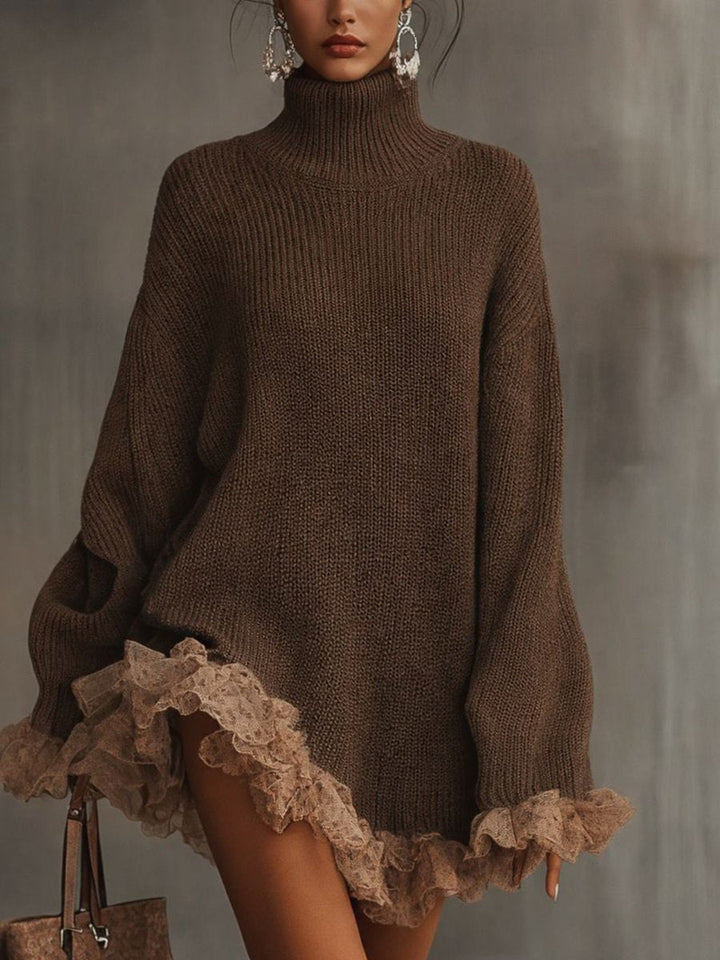 Kerantha | Damen Oversize Strickkleid mit Spitzensaum - Brown - Image 1