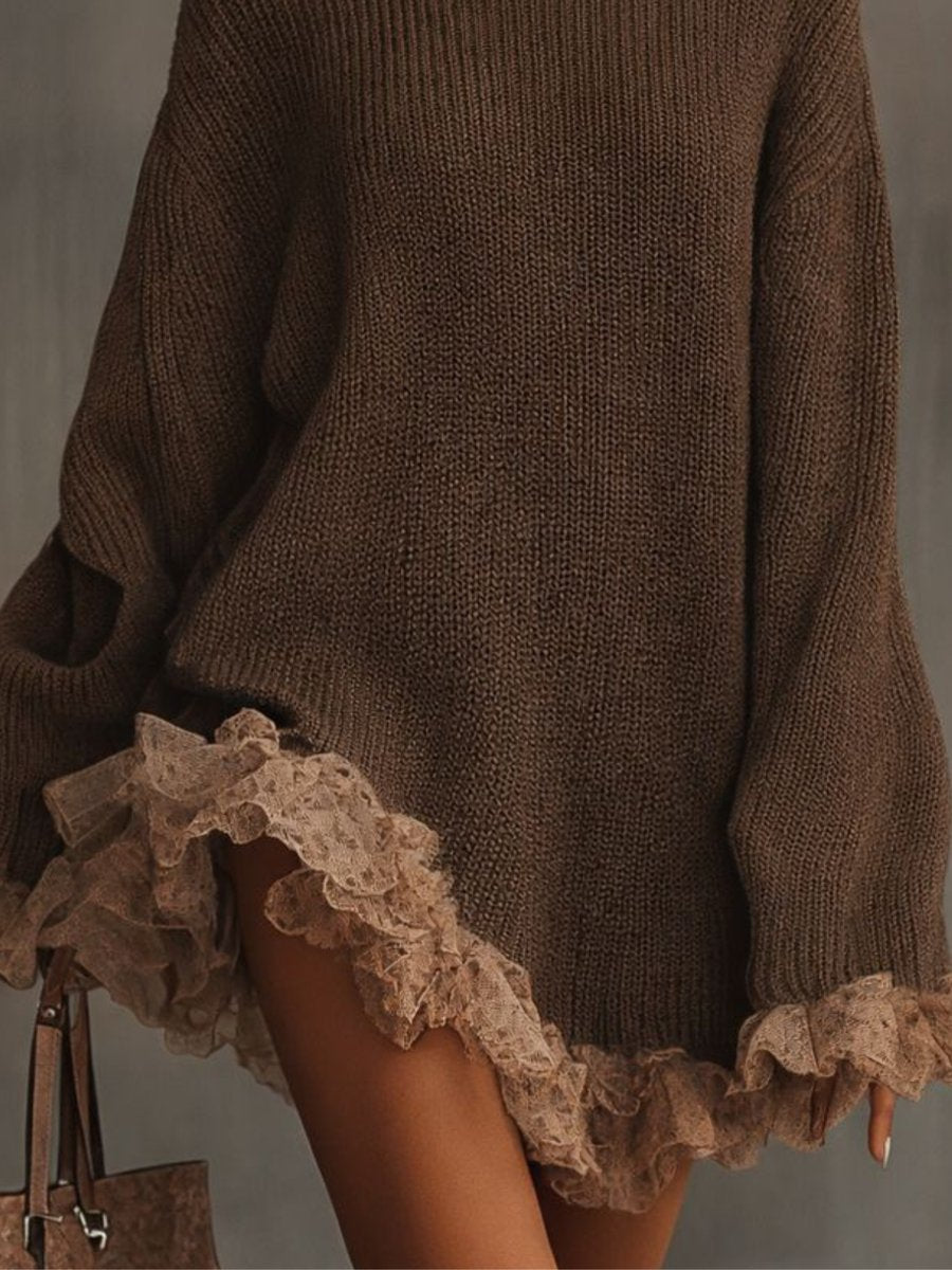 Kerantha | Damen Oversize Strickkleid mit Spitzensaum - Brown - Image 2