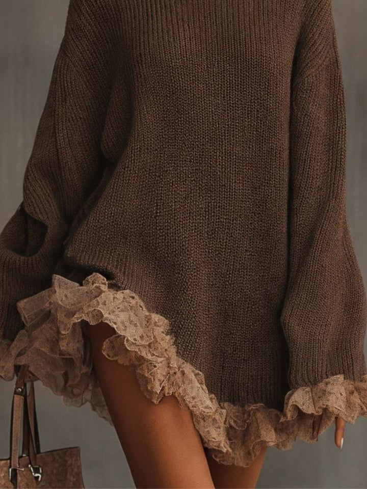 Kerantha | Damen Oversize Strickkleid mit Spitzensaum - Brown - Image 2