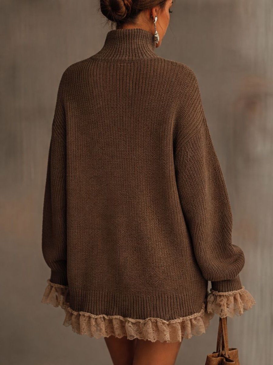 Kerantha | Damen Oversize Strickkleid mit Spitzensaum - Brown - Image 3