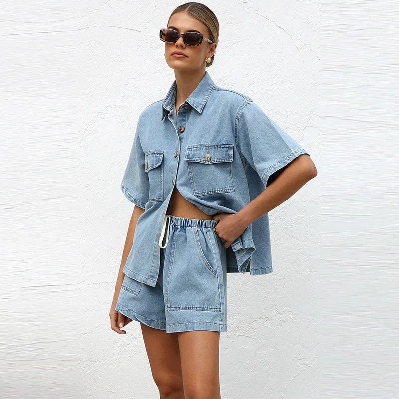 Kerensa | Damen Jeans Zweiteiler Set Hemd Shorts - Light Blue - Image 13