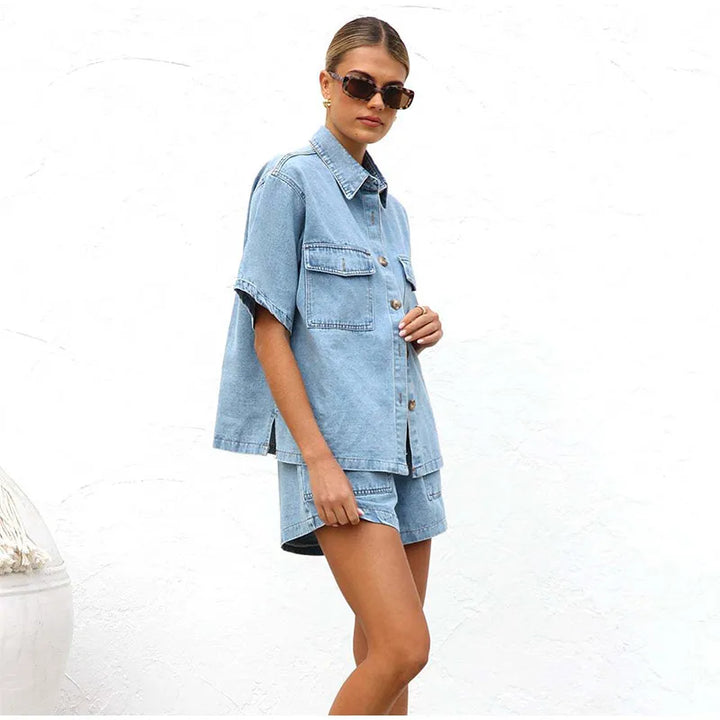 Kerensa | Damen Jeans Zweiteiler Set Hemd Shorts - Light Blue - Image 14