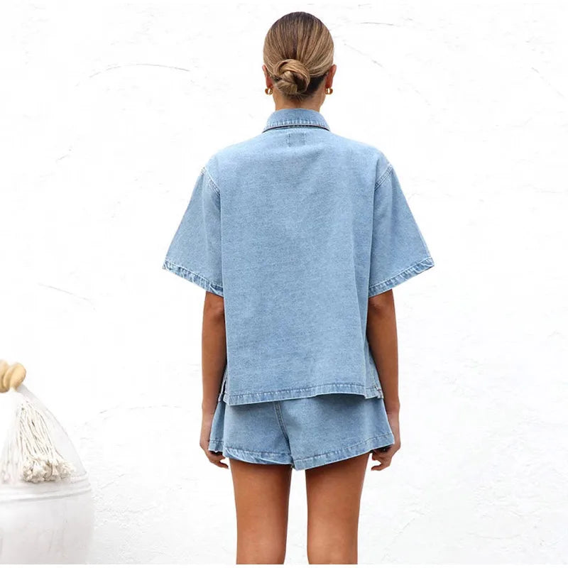 Kerensa | Damen Jeans Zweiteiler Set Hemd Shorts - Light Blue - Image 15