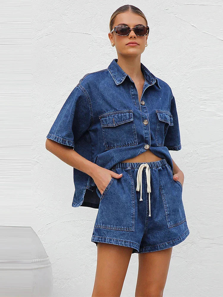 Kerensa | Damen Jeans Zweiteiler Set Hemd Shorts - Light Blue - Image 9