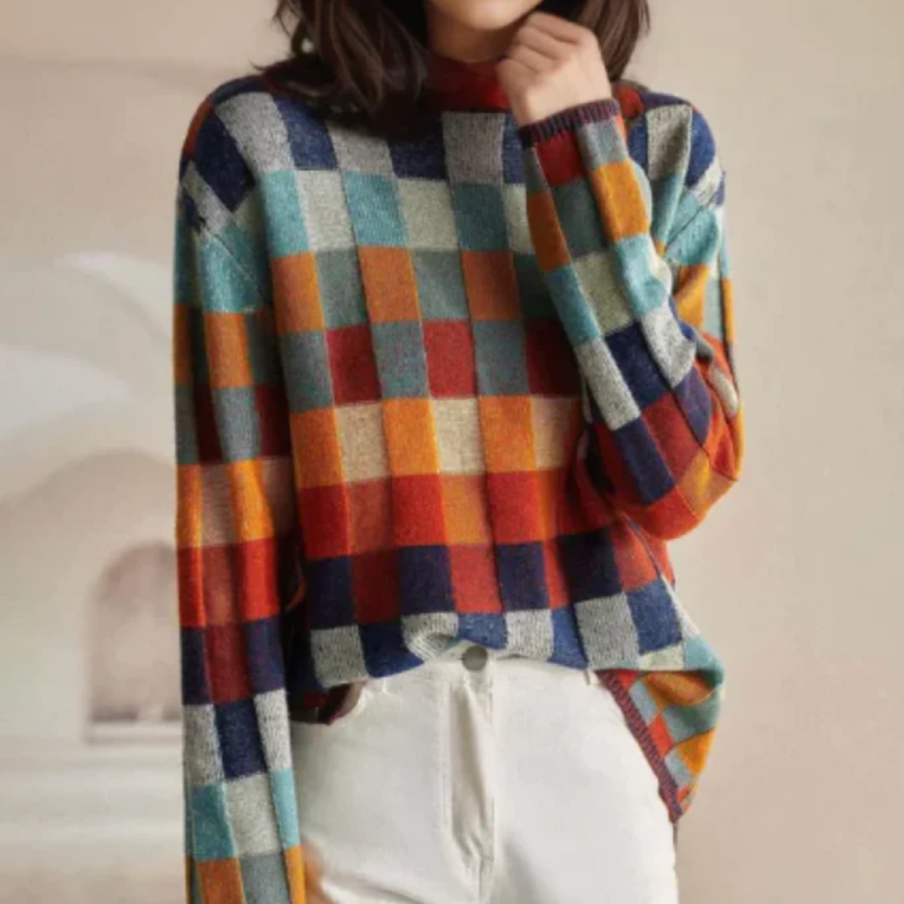 Kerensa | Damen Karierter Strickpullover Bunt - Image 1