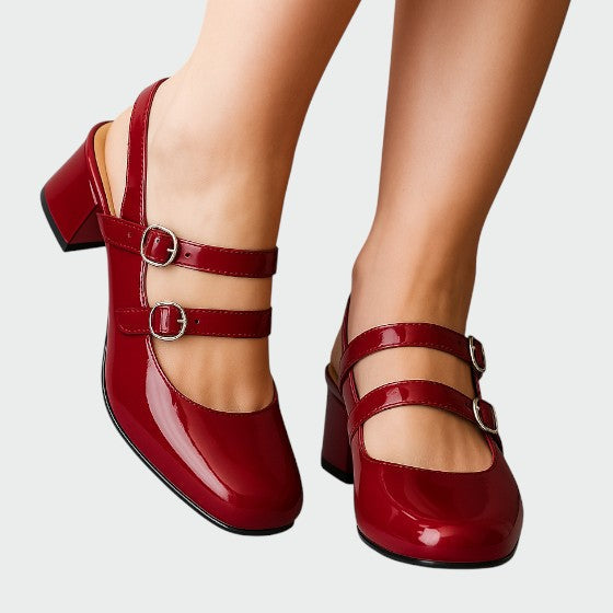 Rosso | Damen Mary Jane Pumps Doppelriemen Blockabsatz Lack