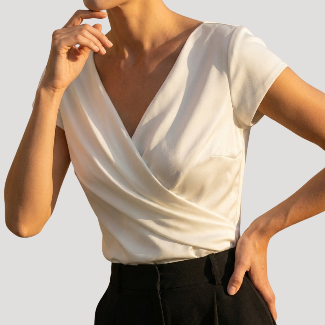 Kirsa | Damen Wickelbluse mit Wickelausschnitt Kurzarm - White - Image 4