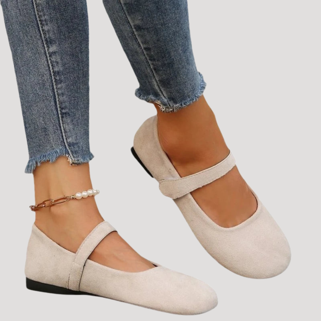 Klara | Damen Mary Jane Ballerinas Riemchen Flach - Beige - Image 4