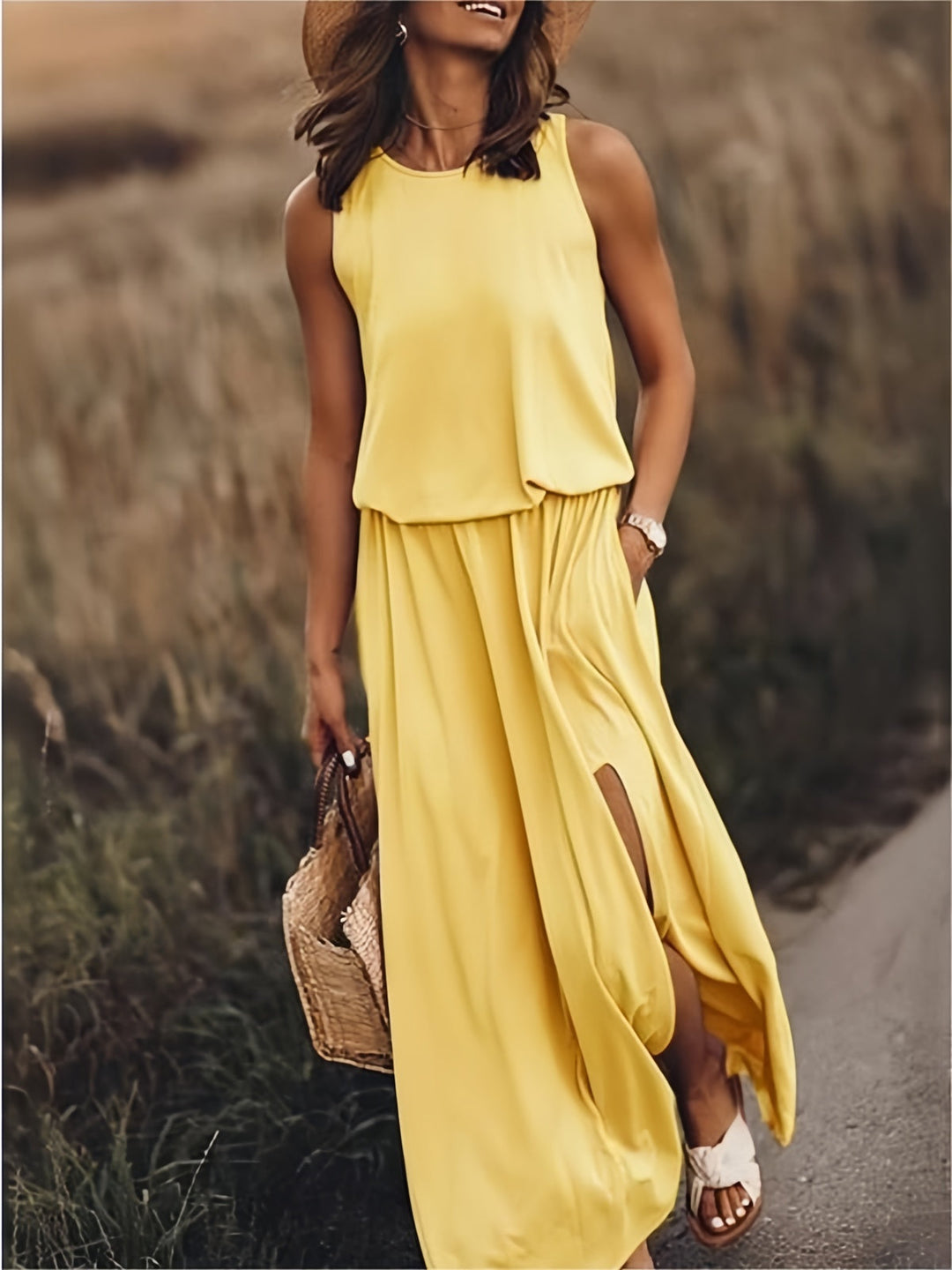 Klara | Damen Ärmelloses Rundhals Maxikleid - Yellow - Image 1