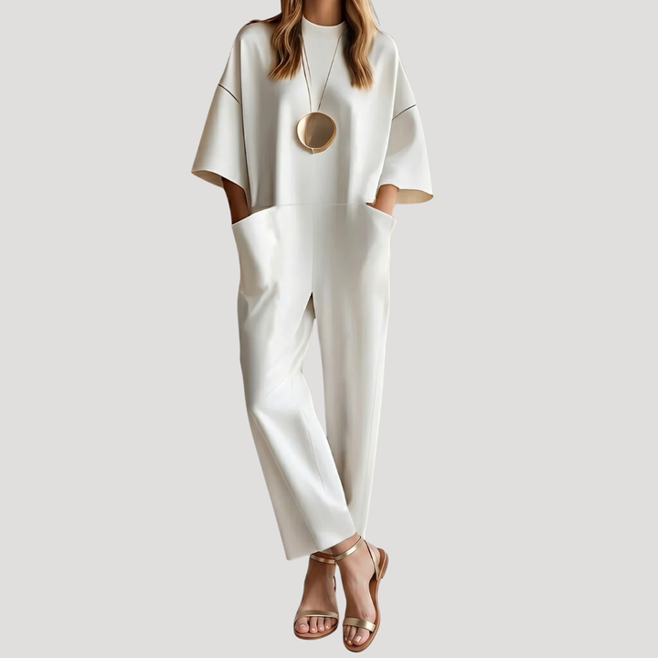 Klara | Damen Weites Bein Kurzarm Jumpsuit - White - Image 1
