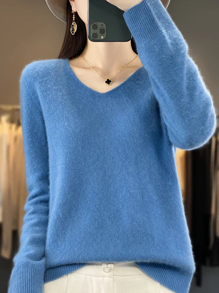 Klarissa | Damen Strickpullover Locker V-Ausschnitt - Green - Image 2