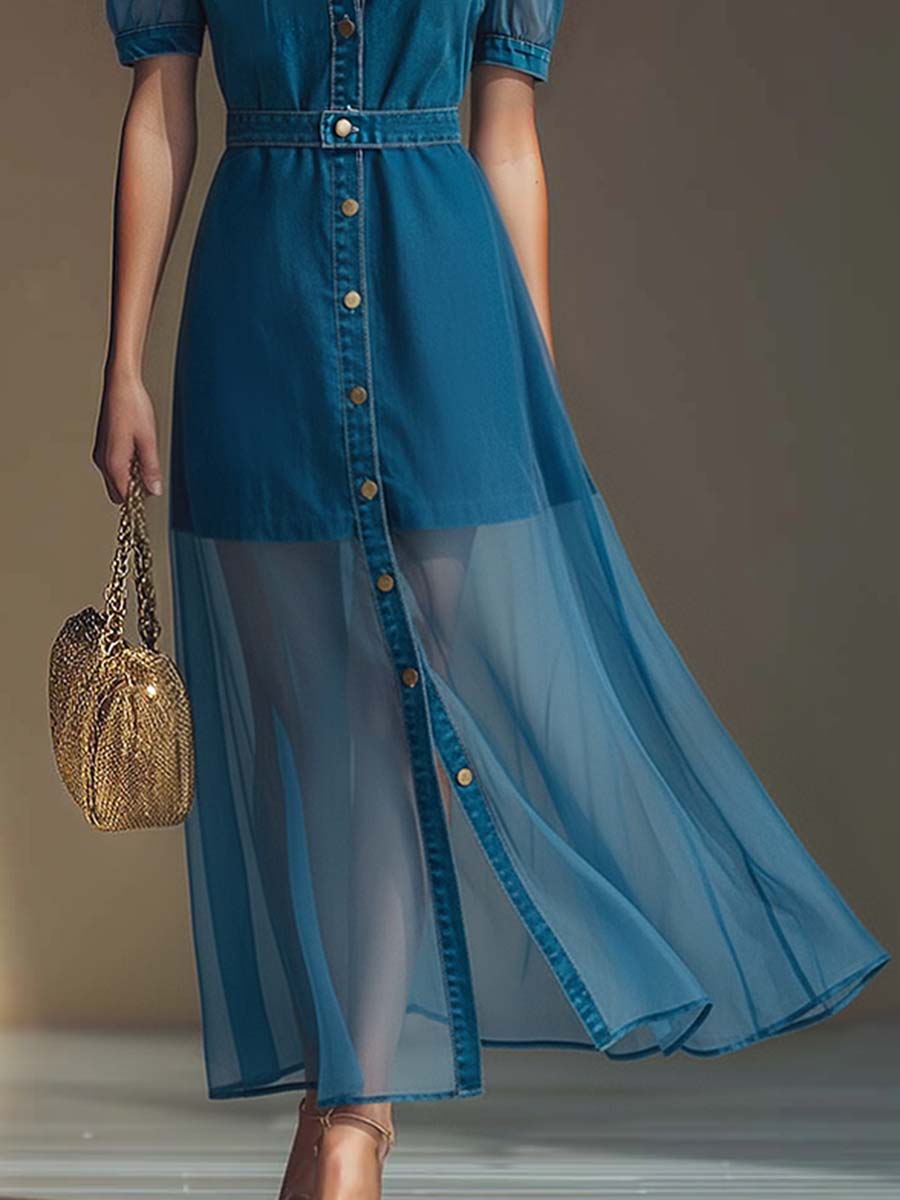 Klementine | Damen Durchgeknöpftes Jeanskleid Maxikleid - Blue - Image 4